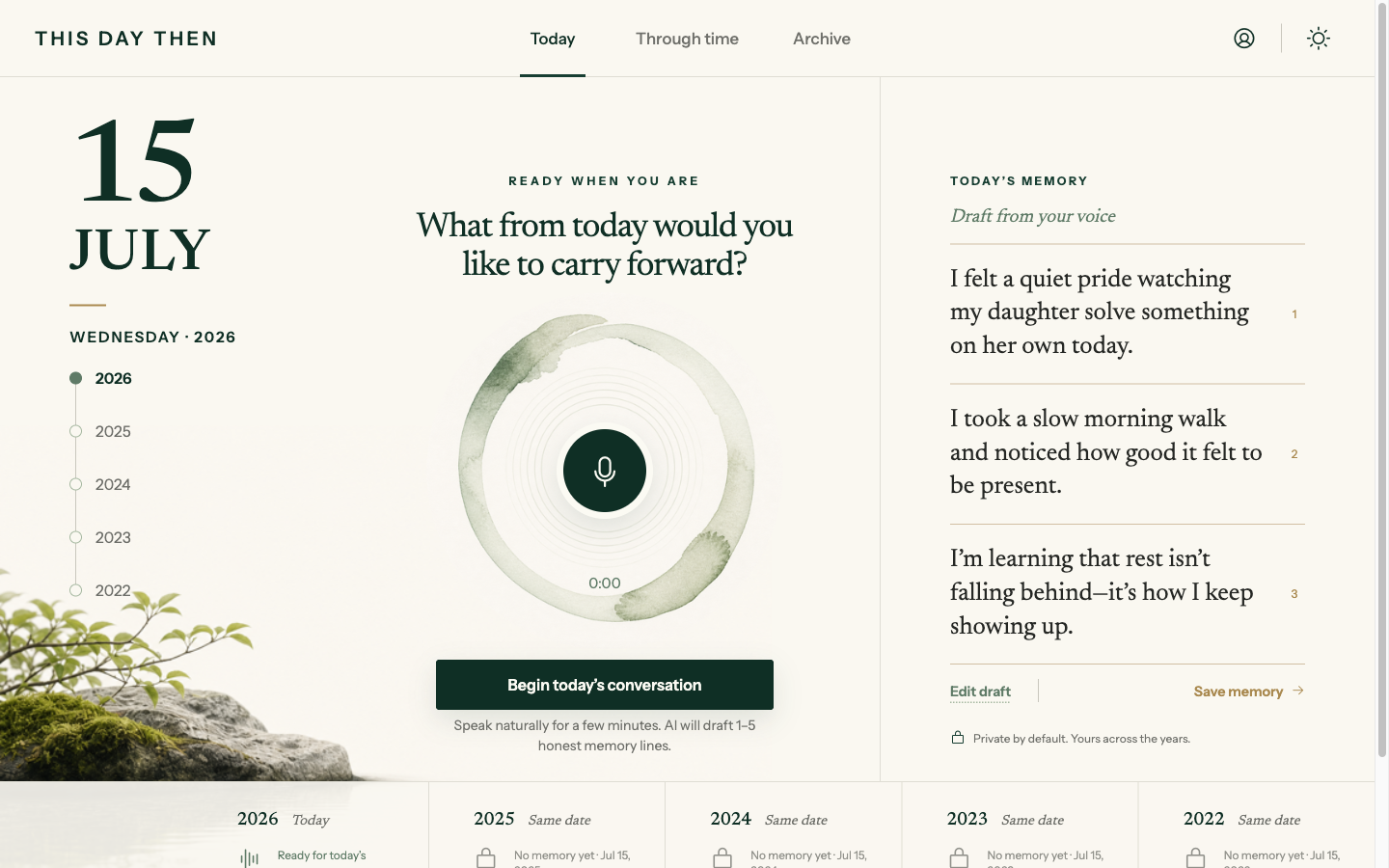 This Day Then calm memory journal interface